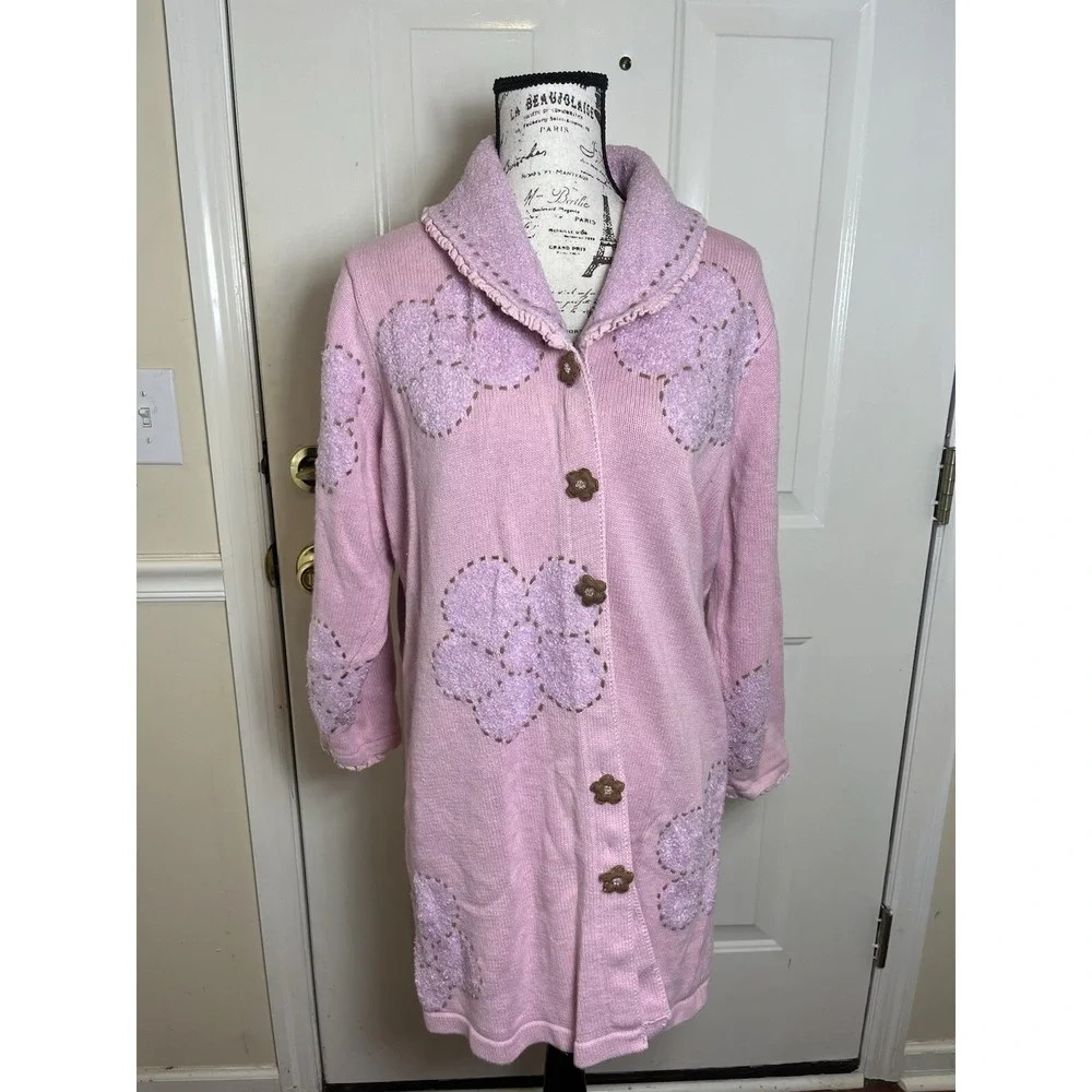 Vintage Storybook Knits Pink Size 1X Cardigan Sweater Floral Flowers Tunic Long